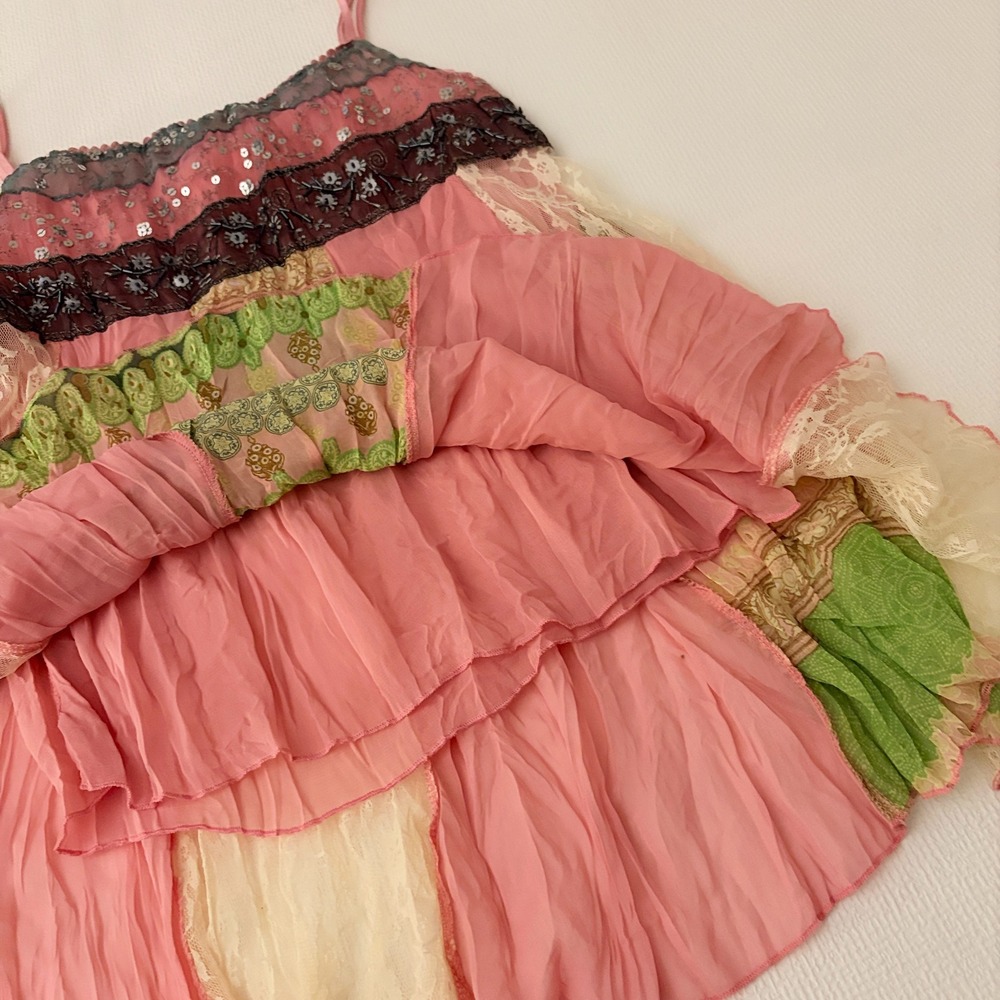 Fairy y2k Sleeveless Patchwork Boho Sequin Beaded Top Size S Pink Multi - Picture 7 of 12